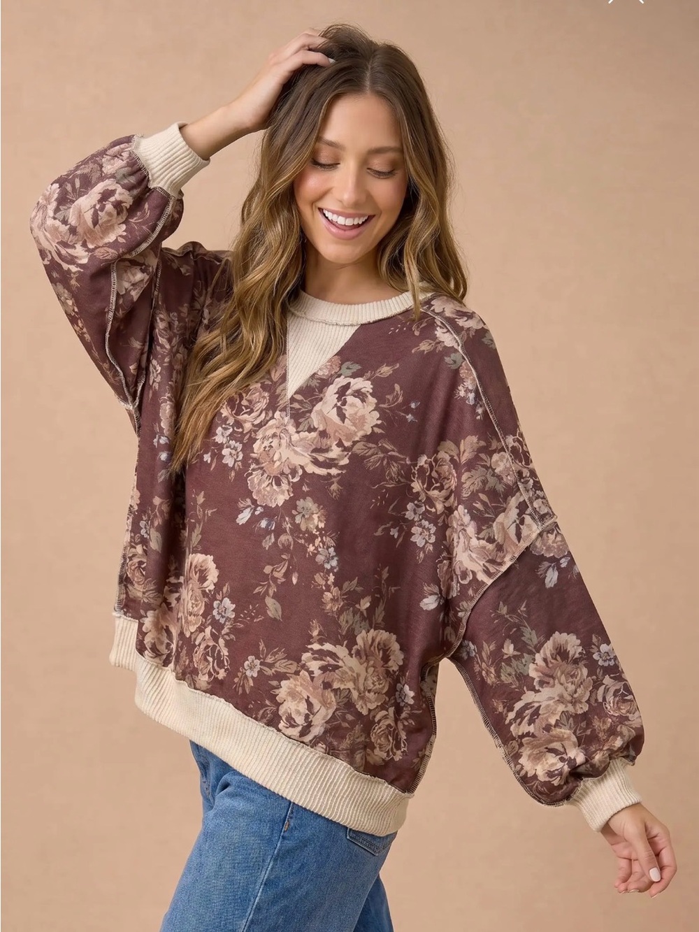 Red mixed media rose floral dolman sleeve pullover stitch sweatshirt tunic top